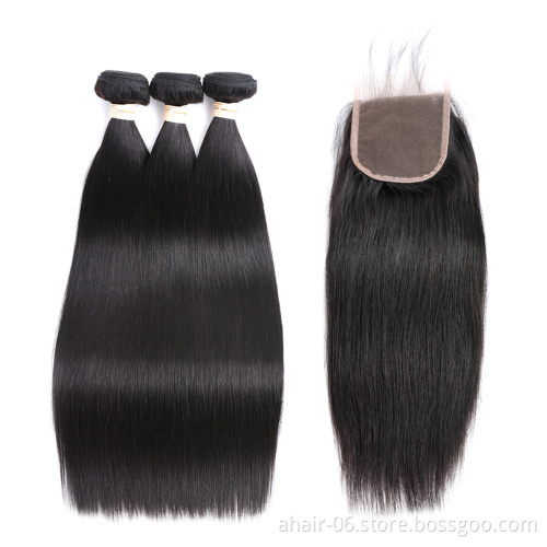 10A 3 Pieces Diffrent Length Of Hair Bundles With One Piece 4*4 Lace Closure No Tangle No Shed , Natural Color 100% Human Hair